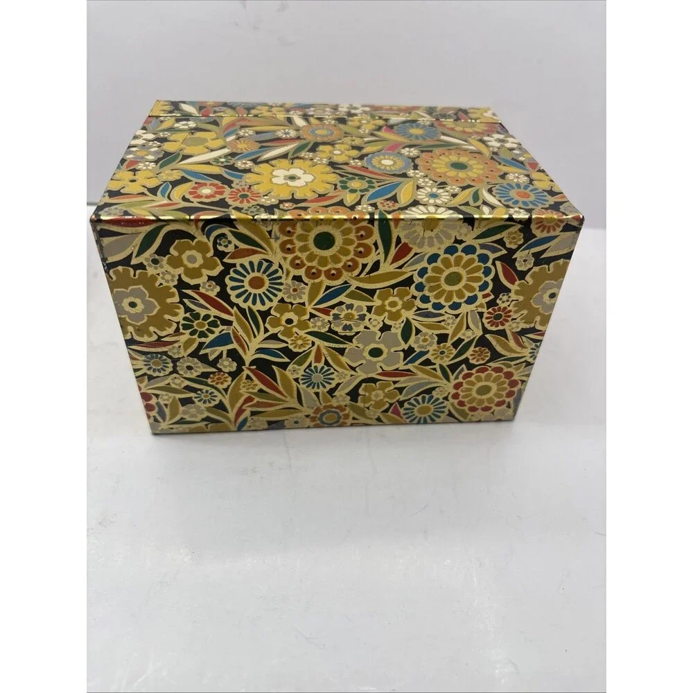 Vintage J. Chein & Co. 1970s Tin Recipe Box Gold Mod Floral Litho USA
